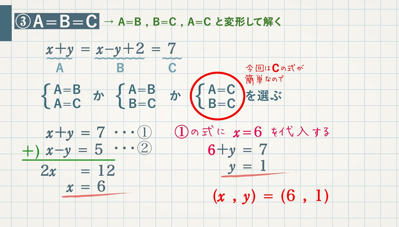 いろいろな連立方程式（かっこを含む、分数・小数を含む、A＝B＝C）